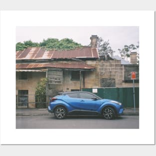 Timeless Sydney Charm: Modern Blue Car and Historic Sandstone House Posters and Art